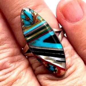 Vintage Hallmarked Zuni Inlay Multi Gemstone Ring Size 6.5